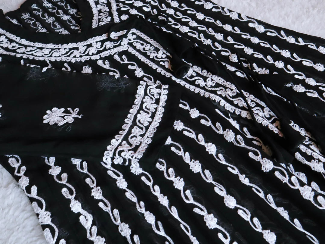 Black and White Long Chikankari Georgette Angrakha Gown