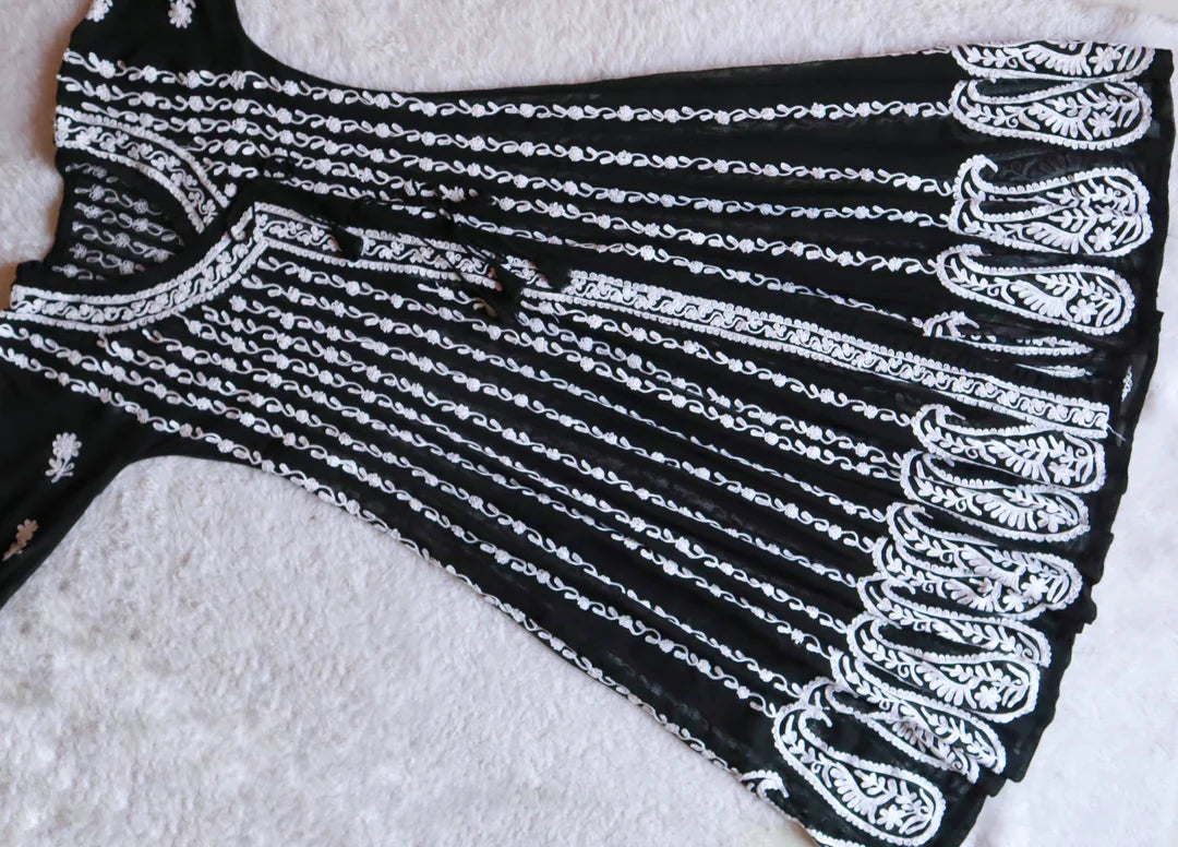 Black and White Long Chikankari Georgette Angrakha Gown