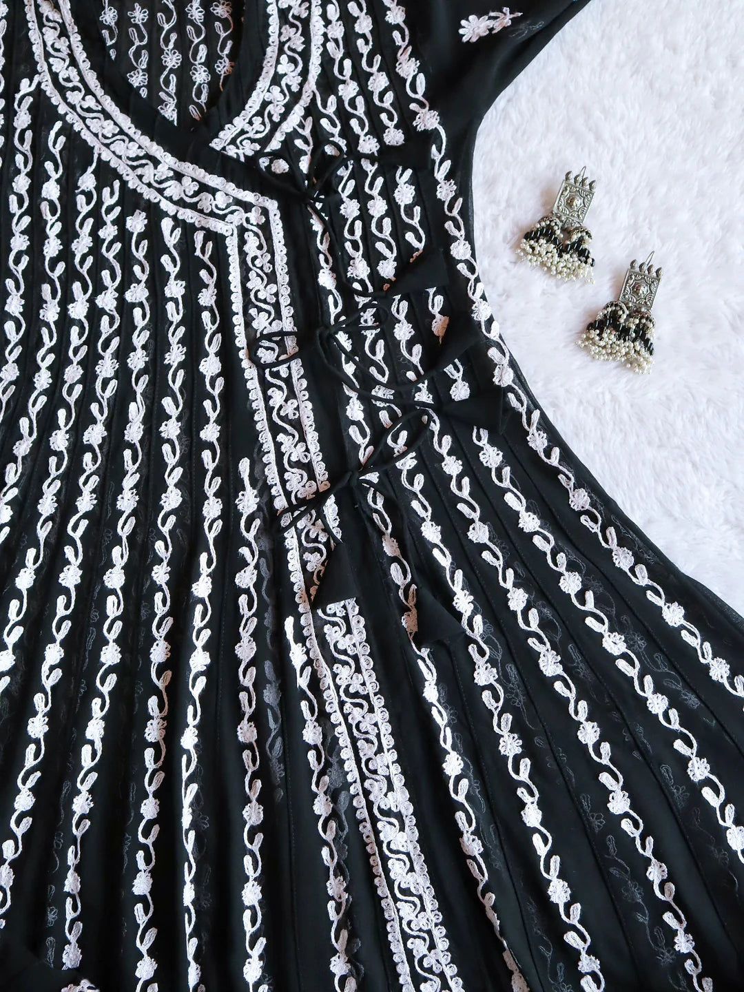 Black and White Long Chikankari Georgette Angrakha Gown