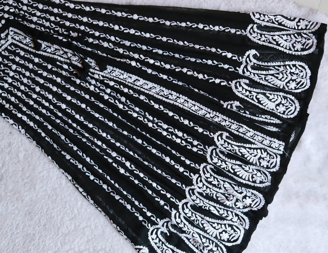 Black and White Long Chikankari Georgette Angrakha Gown