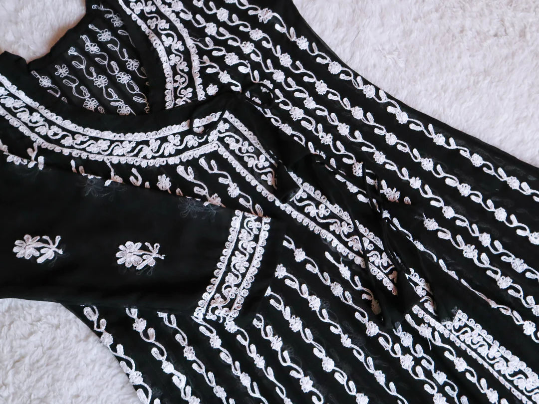 Black and White Long Chikankari Georgette Angrakha Gown
