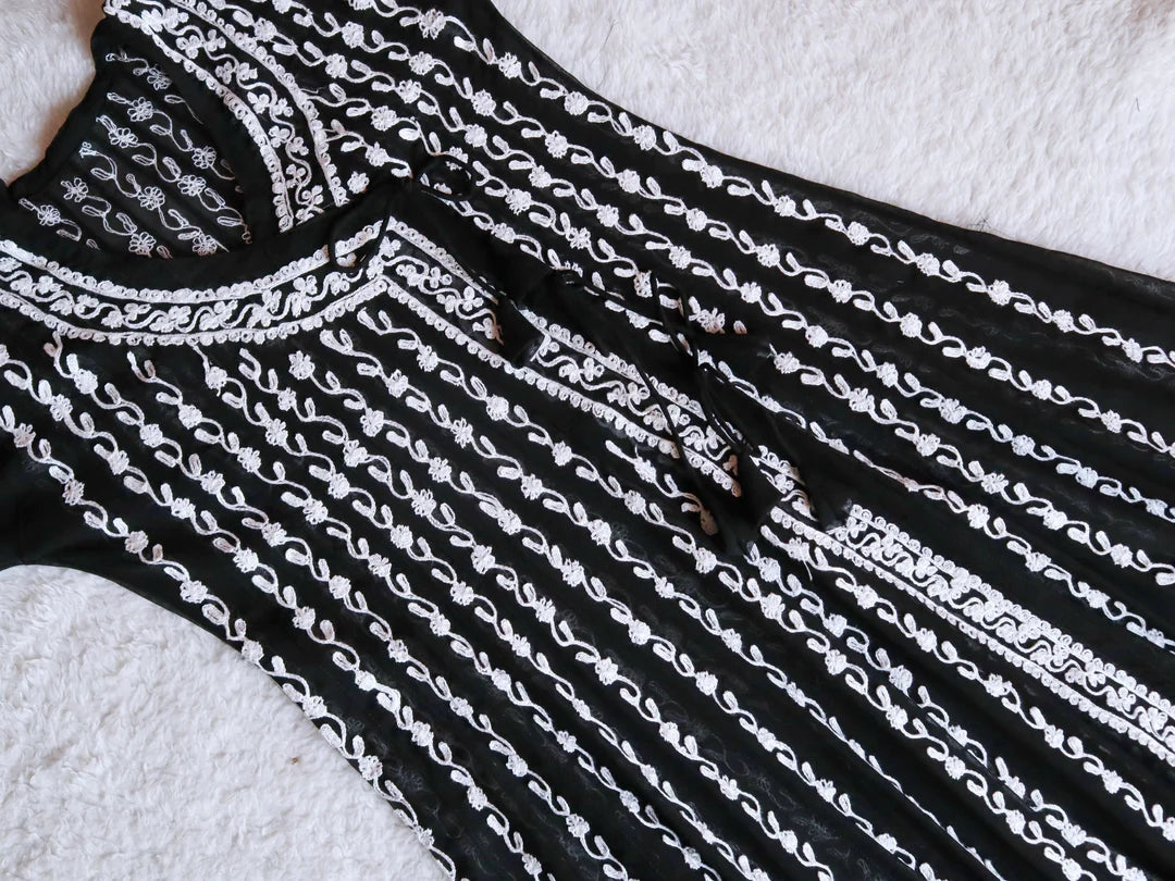 Black and White Long Chikankari Georgette Angrakha Gown