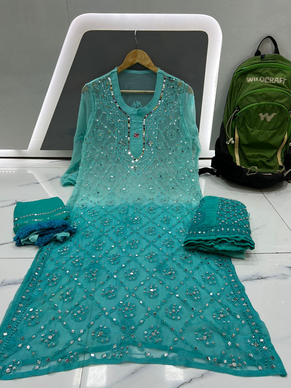 All-Over Mirror Embellished Chikankari Suit