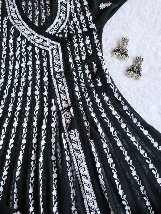 Black and White Long Chikankari Georgette Angrakha Gown