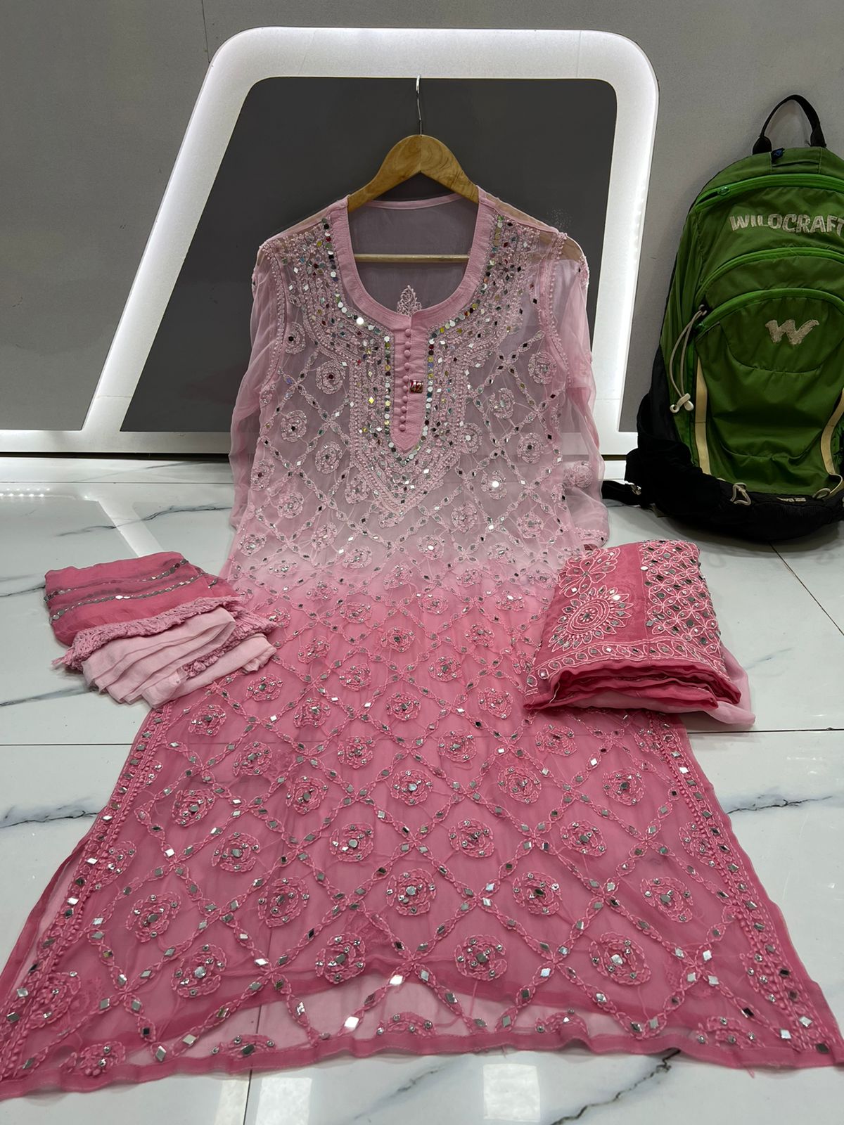 All-Over Mirror Embellished Chikankari Suit
