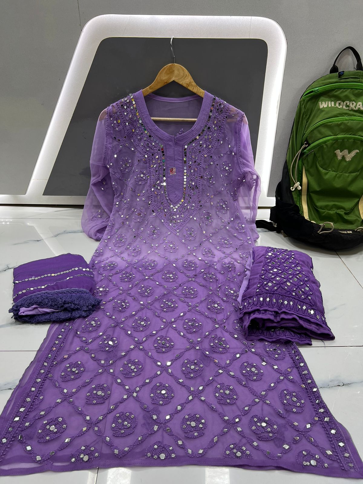 All-Over Mirror Embellished Chikankari Suit