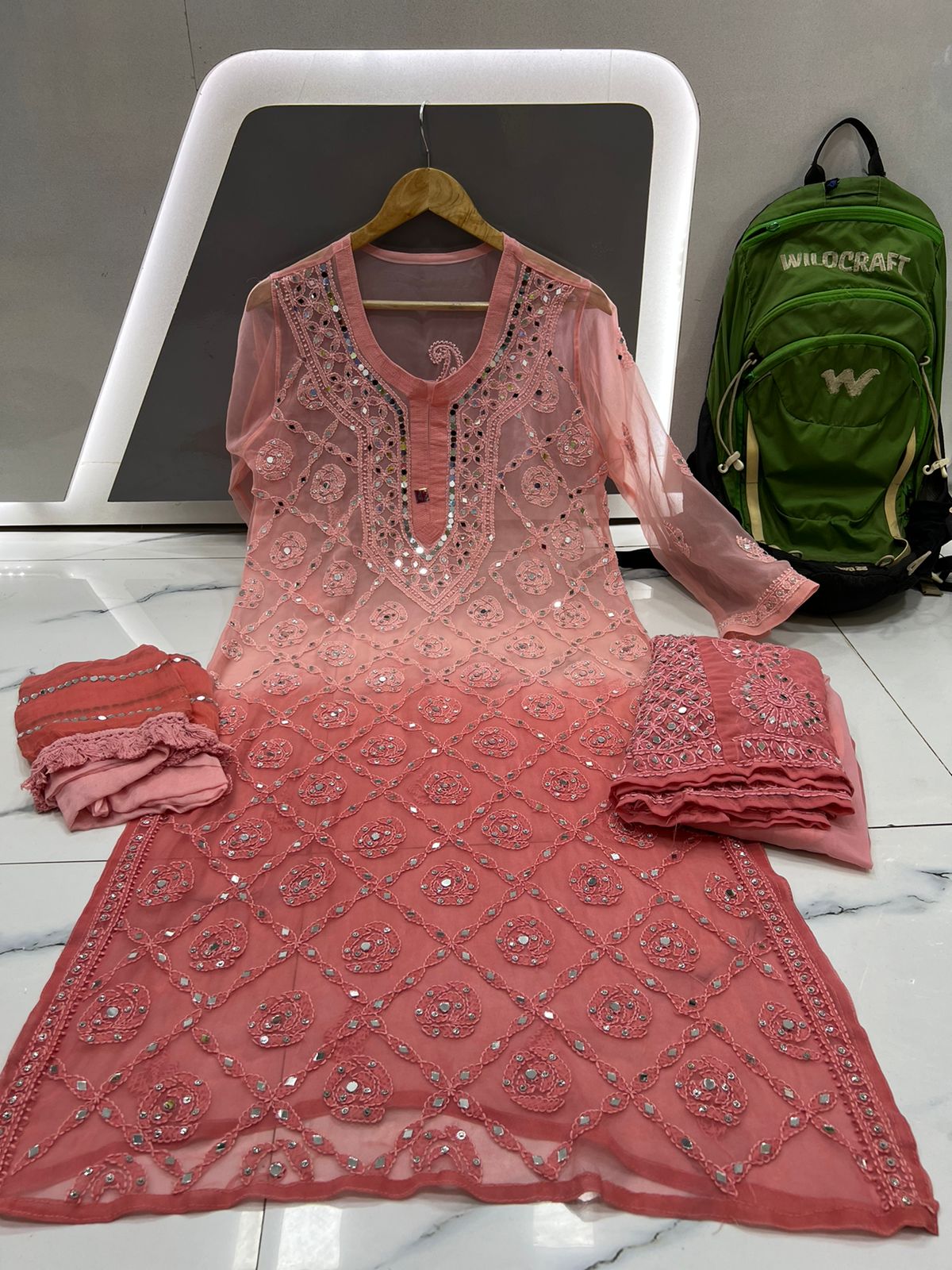 All-Over Mirror Embellished Chikankari Suit
