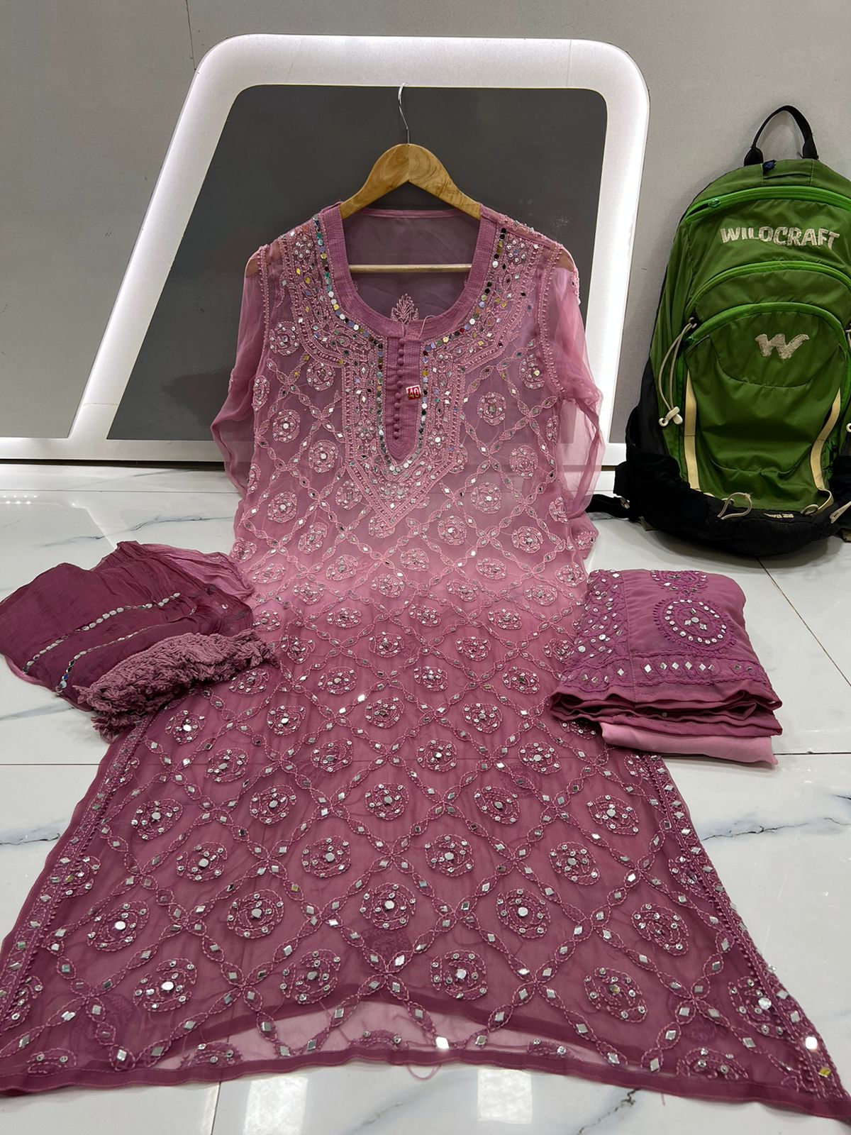 All-Over Mirror Embellished Chikankari Suit