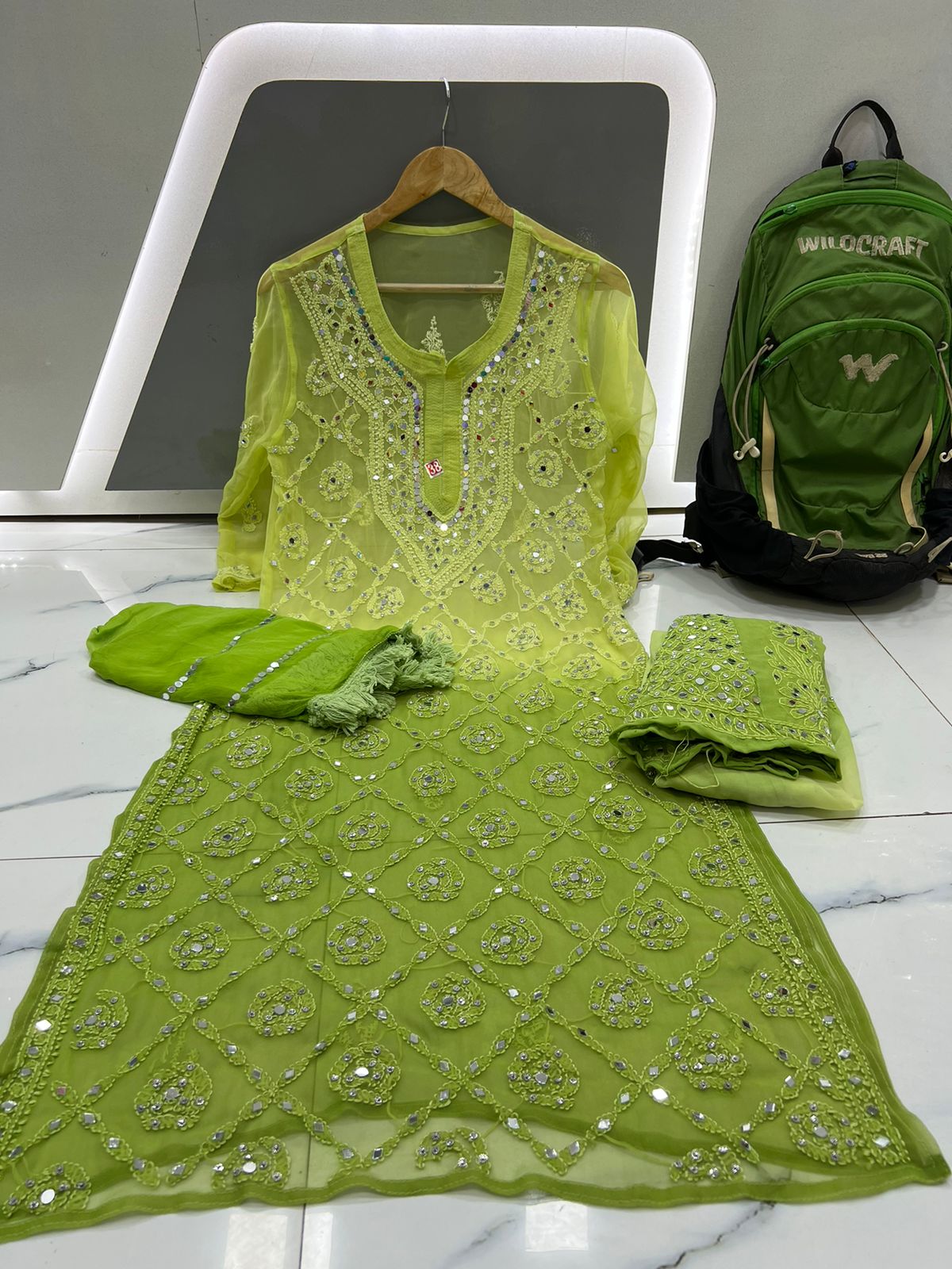 All-Over Mirror Embellished Chikankari Suit