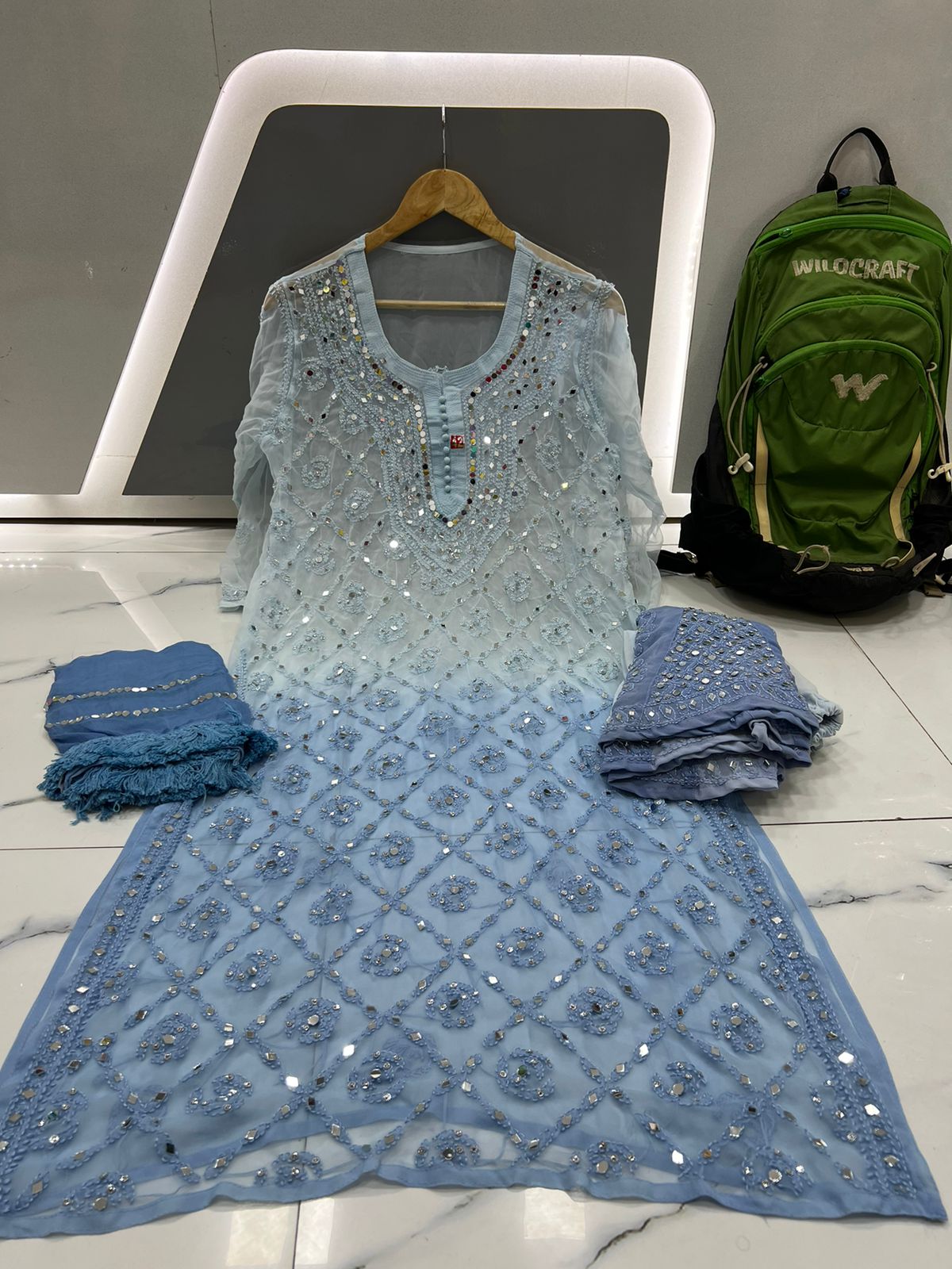 All-Over Mirror Embellished Chikankari Suit